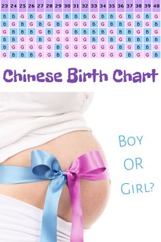 a pregnant belly with blue and pink ribbon tied around it's waist, which reads chinese birth chart boy or girl?