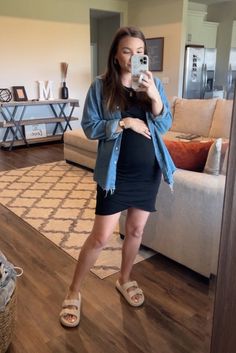 Going Out Outfits Pregnant, Pregnant Denim Outfit, Shirt Over Dress Outfit Pregnant, Shay Mitchell Pregnant Style, Casual Stretch Maternity Dress, Bump Friendly, Maternity Clothes Summer, Summer Pregnancy