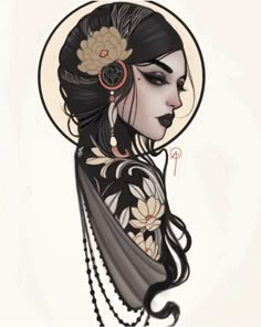 a drawing of a woman with black hair and flowers on her head