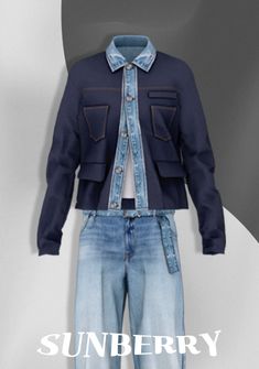 a blue jacket and jeans on display with the words sunbery written in white letters