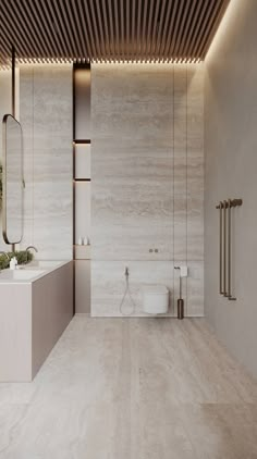 a large bathroom with white walls and flooring