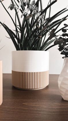 two white vases sitting on top of a wooden table next to each other with plants in them