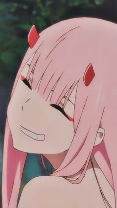 an anime character with pink hair and horns