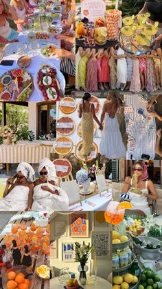 a collage of pictures with people and food on them, including oranges, lemons, cake, watermelon, strawberries, and more