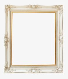 an ornate white frame with gold trimmings on the edges and bottom, against a white background