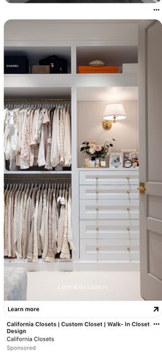 an image of a closet with clothes hanging on the shelves and lights above it that says california closets custom closet walk in closet california closet