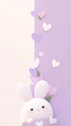 a white rabbit with hearts on it's back standing next to a purple wall