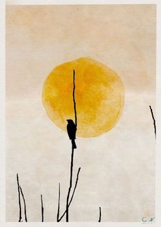 a painting of a bird sitting on a tree branch in front of the sun,