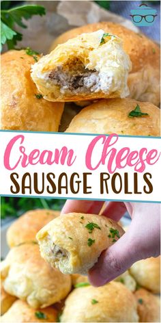 this is an image of cream cheese sausage rolls with the title above it and below