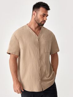 Khaki Casual  Short Sleeve Cotton Plain Shirt Embellished Non-Stretch Spring/Summer Men Tops Shein Basics, Plain Shirt, Men Shirts, Plain Shirts, Men Tops