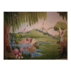 a mural on the wall of a children's room with fairy land and flowers