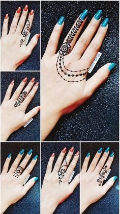 four pictures of different designs on hands