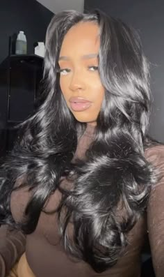 Butterfly Layers Black Women, Fluffy Hair Women Long, Middle Part Sewin With Layers, Layered Curls Wig Black Women, Middle Part Curtain Bangs Black Women, Wig Sew In, Long Layers Black Women, Long Layered Hair Black Women, Layered Curls Black Women