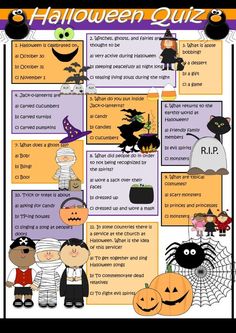 A quiz about the spooky season! The worksheet contains 11 questions about Halloween, with three answers each. Only one is correct! And it's not as simple as it looks! Let your ESL students learn about this holiday while they practice their reading comprehension skills. 

Find the interactive version here: https://www.liveworksheets.com/w/en/english-second-language-esl/475256 Halloween Elementary, Halloween Quiz, Halloween Lesson, Halloween Worksheets, Halloween Classroom, Halloween Activities For Kids, English Activities, Halloween Crafts For Kids, Halloween School