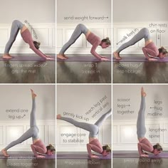 a woman is doing yoga poses on the floor with her arms and legs bent up