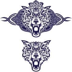 two wolf heads with an intricate pattern on their head, one in blue and the other in