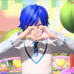 an anime character making a heart with his hands