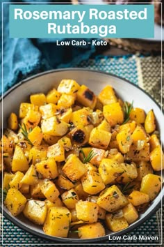 rosemary roasted rutabaga in a bowl with the title overlay reading rosemary roasted rutabaga low carb keto