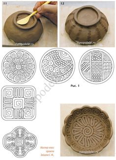 the instructions for how to make an intricate clay pot with decorative designs on it and then using