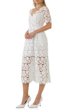 Charm from day to night in this lovely lacy midi designed with sheer accents and abbreviated sleeves. V-neck Short sleeves Lined 100% polyester Hand wash, dry flat Imported Rose White Dress, Lace Midi, Day To Night, Lace Midi Dress, To Night, White Midi Dress, Nordstrom Dresses, Night In, Lace Skirt