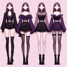 three different views of the same outfit, one in black and one in purple with long sleeves