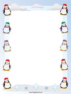 penguins with hats and snowflakes are lined up in the middle of a frame