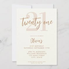 a 21st birthday party card with the number twenty one in gold foil on white paper