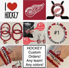 several different bracelets with hockey charms and other items for sale on the webpage