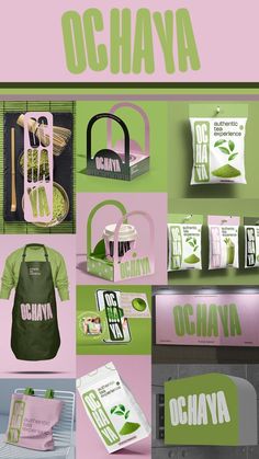 the packaging design is green and pink with white lettering on it's sides, along with an assortment of items