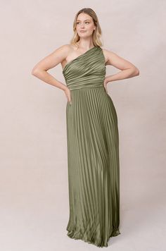 Model: Sydney; Size: 10; Color: Moss Pre-draped Bridesmaid Dress With Asymmetrical Neckline, Pre-draped One Shoulder Dress For Prom, Pleated Off-shoulder Gala Dress, Off-shoulder Pleated Gala Dress, Off-shoulder Pleated Dress For Gala, Ruched Strapless Dress With Asymmetrical Neckline, One Shoulder Dress With Ruched Bodice For Gala, Formal One-shoulder Dress With Pleated Bodice And Asymmetrical Neckline, One Shoulder Dress With Ruched Fitted Bodice