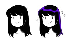 two women with long black hair and purple bangs