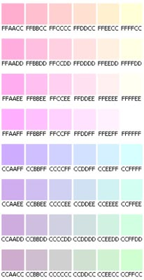 the color chart for different shades of pink, blue and green with white letters on each side