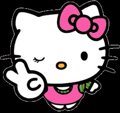 the hello kitty is smiling and pointing at something