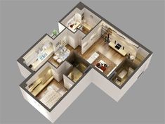 an overhead view of a three bedroom apartment