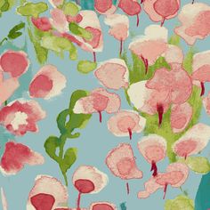 a painting of pink and green flowers on a blue background