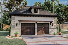 a two car garage is shown in this artist's rendering with palm trees around it