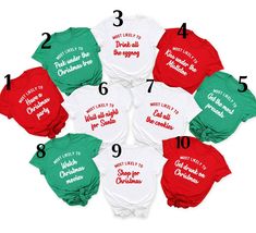 six red and green onesuits that say, what's the best way to celebrate christmas?