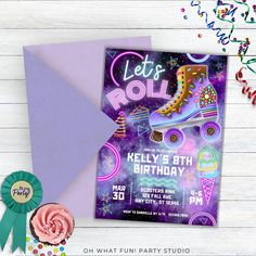 this is an image of a roller skate birthday party card with confetti and sprinkles