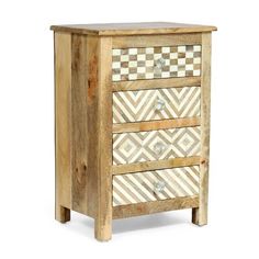 a wooden chest with three drawers and checkerboard design on the front, side view