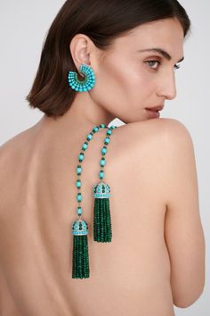 536.31 carats of Turquoise Beads 3.09 carats of round diamonds Lariat is set in 18K White gold Measures 44 inches in length Small Flower Earrings, Turquoise Ocean, Silver Jewellery Indian, Blue Tassel, Tassel Jewelry, Amethyst Beads, Classic Jewelry, White Earrings, High Jewelry