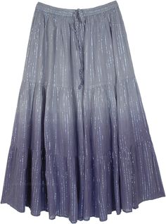 A stylish grey and blue ombre skirt accented with silver tinsels all over the fabric - a skirt with a distinct style and a unique character. This cotton skirt has an excellent fall because of its three-tier construction. #tlb #TieredSkirt #FestivalSkirt #VacationSkirt #BeachSkirt Tiered Long Skirt, Vacation Skirt, Ombre Clothes, Ikat Skirt, Ombre Skirt, Long Tiered Skirt, Grey Clothing, Festival Skirt, Steampunk Skirt