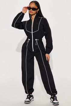 Available In Black/White. Windbreaker Jumpsuit Mock Neck Front Zipper Drawstring Seam Detail Jogger Non Stretch 100% Nylon Imported | Sporty Love Windbreaker Jumpsuit in Black/White size Medium by Fashion Nova White Windbreaker, Classic Corvette, Workout Attire, Black White Fashion, White Fashion, Black Jumpsuit, Catsuit, Front Zipper, Jumpsuits For Women