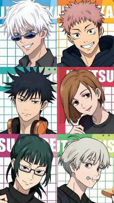 four anime characters with different colored hair and glasses, all smiling at the same person