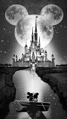 mickey and minnie mouse on a boat in front of a castle with the moon behind them