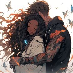 a man and woman embracing each other with butterflies flying around them in the sky behind them