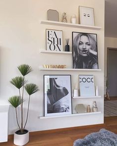 a living room filled with furniture and pictures on the wall next to a potted plant