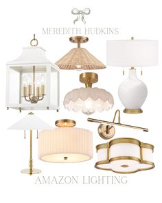 an assortment of lamps and lighting fixtures in white, gold, and cream colors with text overlay