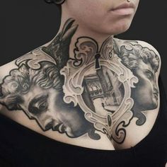 a woman with some tattoos on her chest