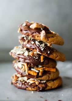 chocolate covered cookies stacked on top of each other