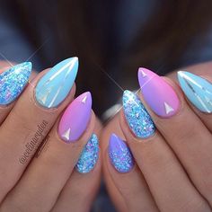 Wouldn't like them so pointy but cute. Fun Pedicure, Crazy Summer Nails, Unicorn Nails Designs, Unghie Nail Art, Nails Yellow, Unicorn Nails, Colorful Nails